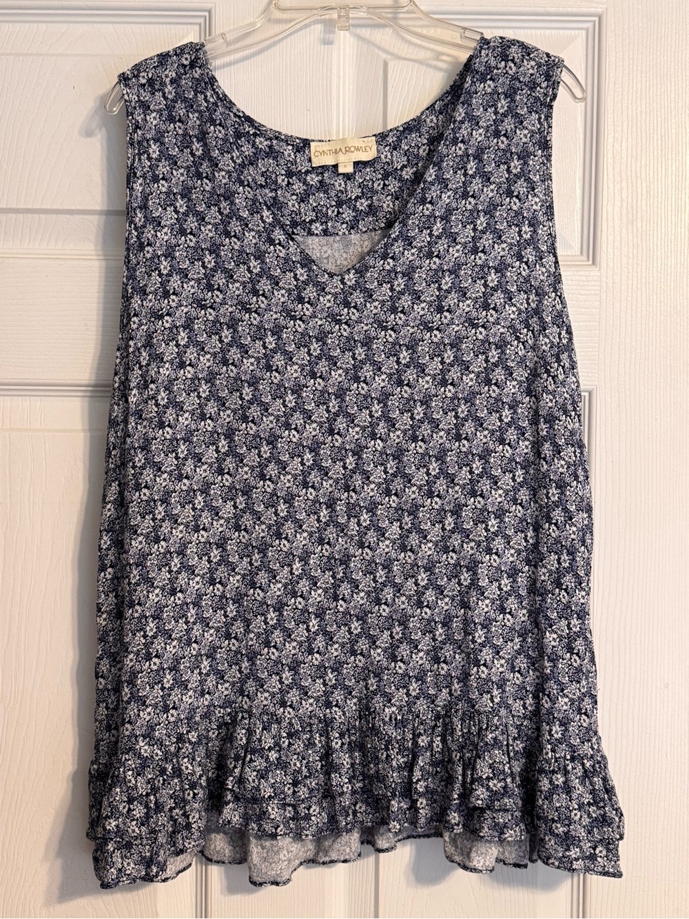 Cynthia Rowley Ruffle Hem Blue White Floral Garden Cottagecore Swing Tank Large